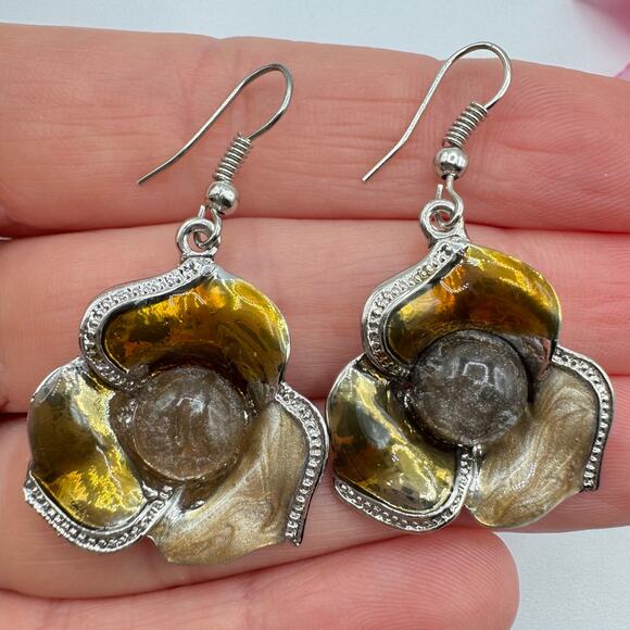 Gaudi Signed Floral Dangle Earrings Silver Tone Earthy Hues Fall Colors Enamel - Picture 3 of 9